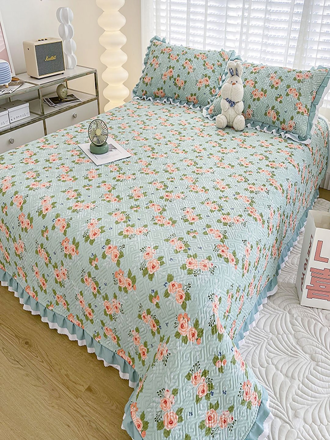 

JC HOME Blue & Pink Printed Cotton Double King Bed & Pillow Cover