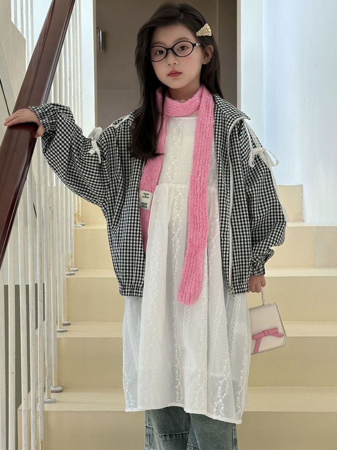 

LULU & SKY Girls Striped Cotton Longline Open Front Jacket with Patchwork, Black