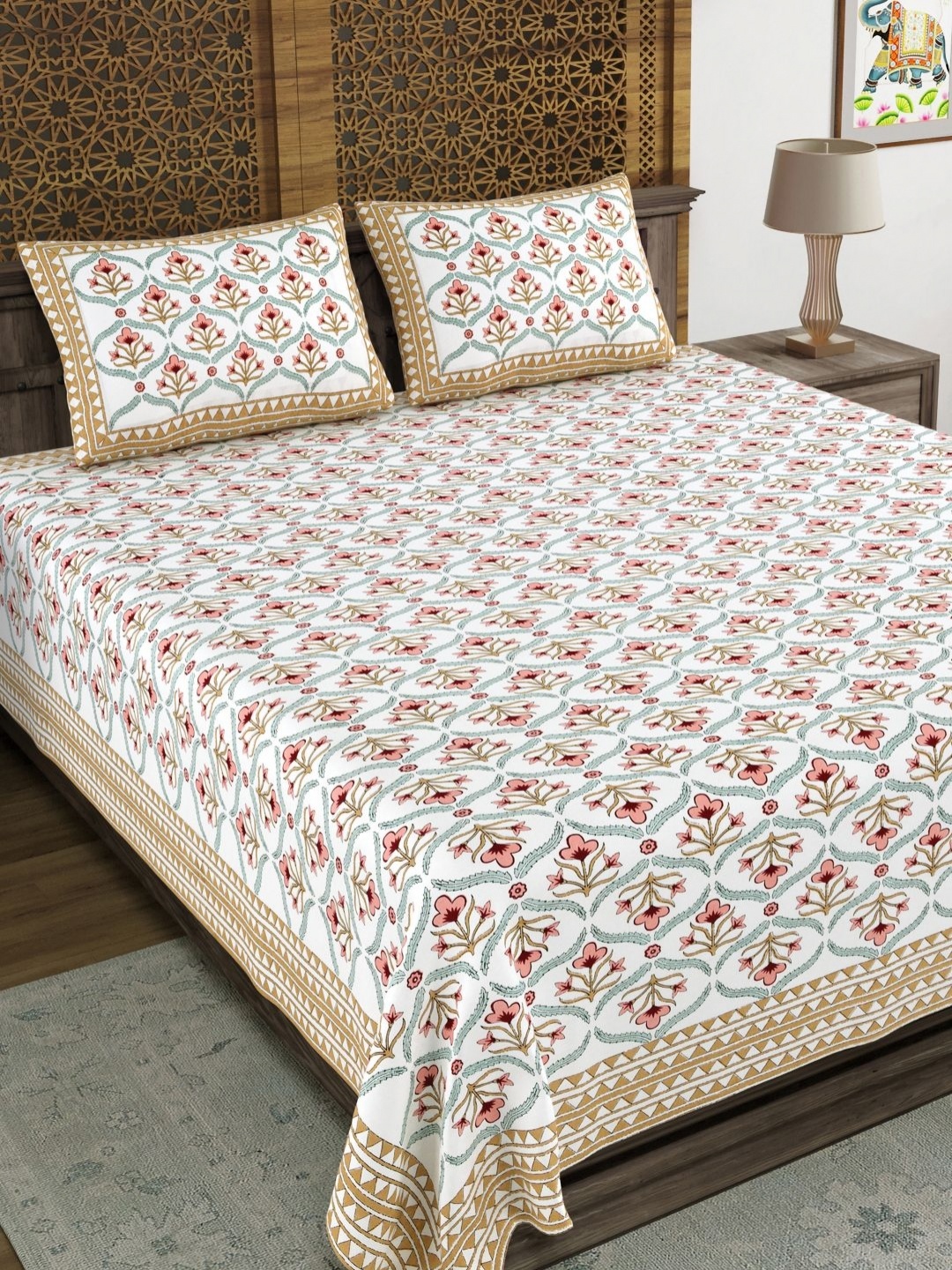 

BLOCKS OF INDIA Peach-Coloured & Pink Ethnic Motifs 210 TC King Bedsheet with 2 Pillow Covers