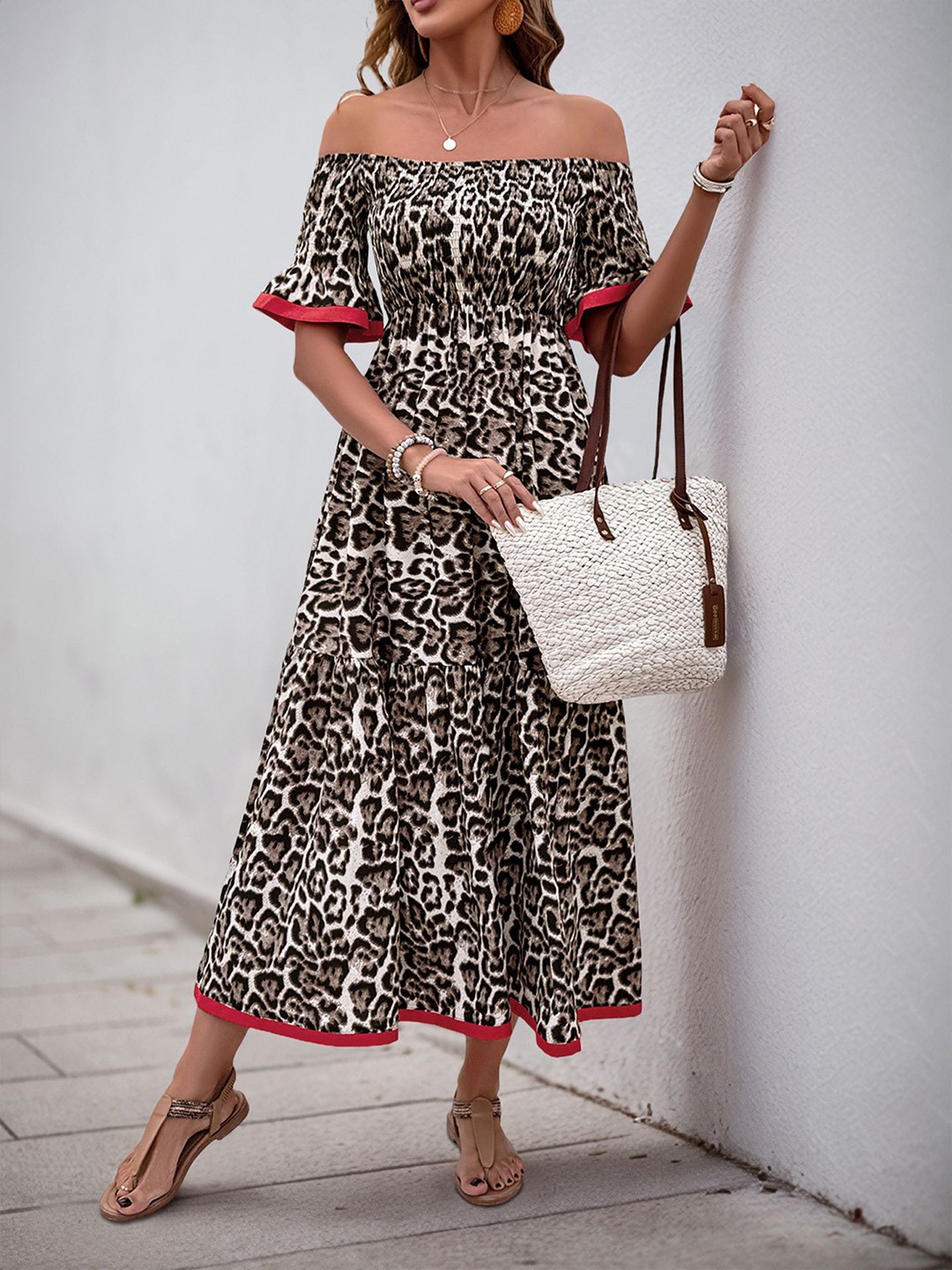 

StyleCast x Revolte Animal Print Off-Shoulder A-Line Midi Dress, Coffee brown