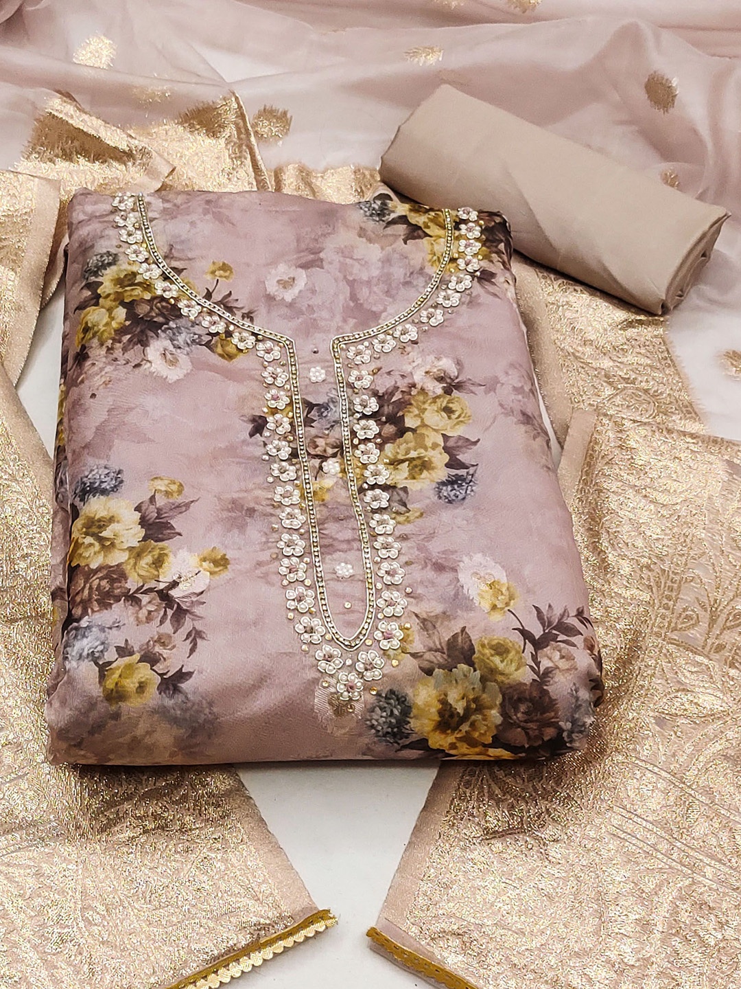 

SHADOW & SAINING Embellished Organza Semi-Stitched Dress Material, Rose gold
