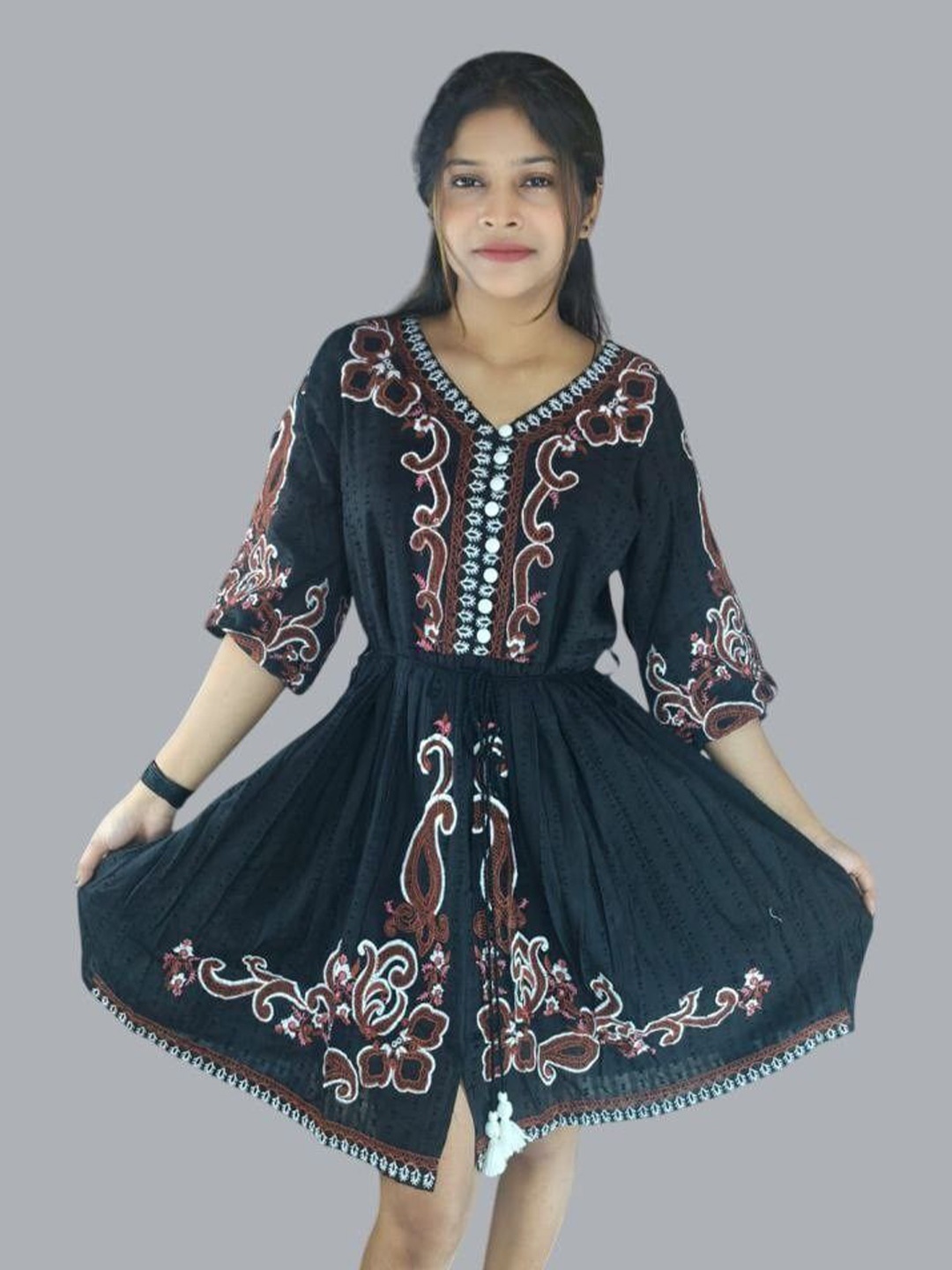 

Skinsi Ethnic Motifs Flared Sleeve A-Line Dress, Black