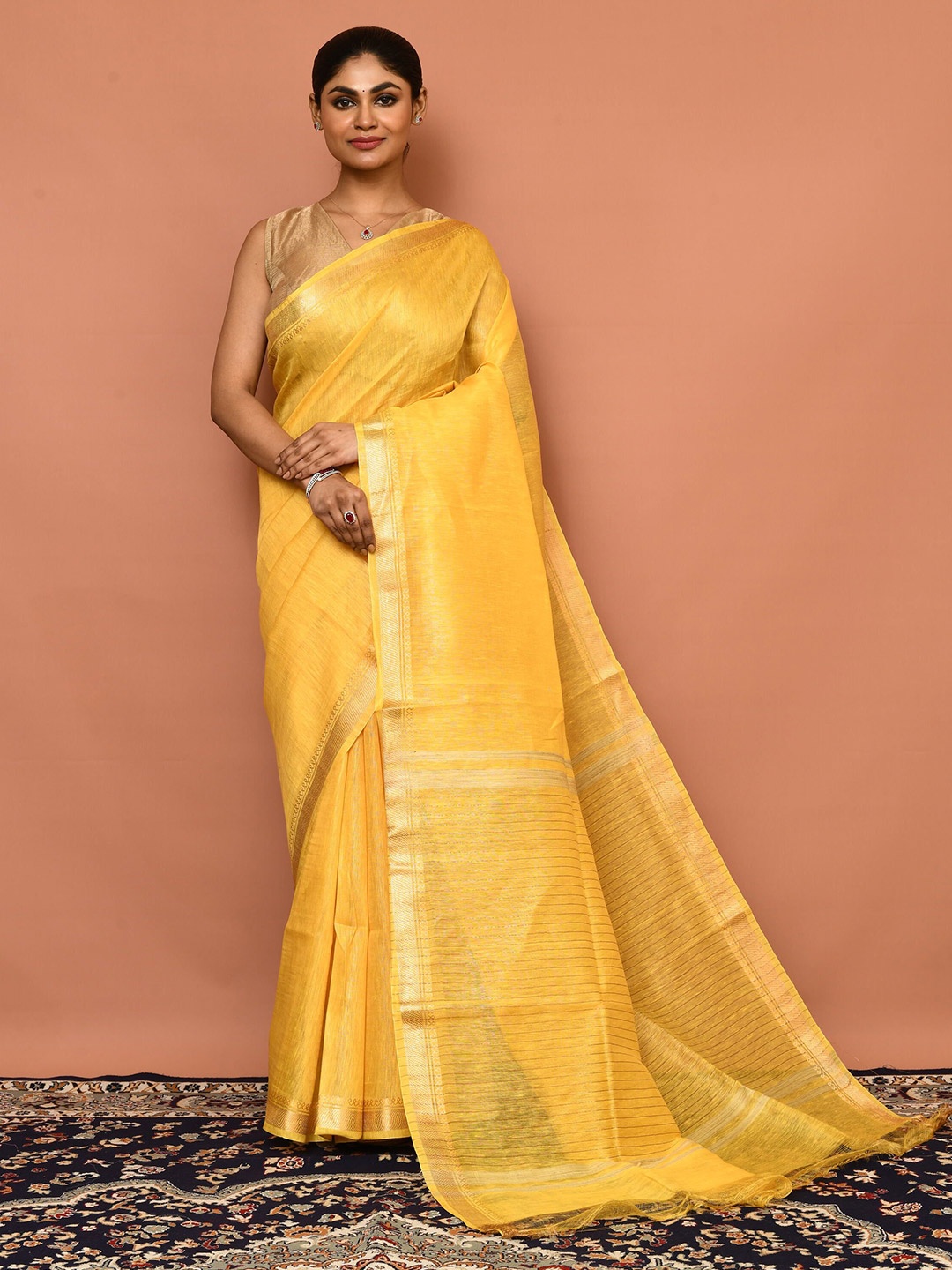 

THREAD SAGA Linen Blend Tussar Saree, Yellow