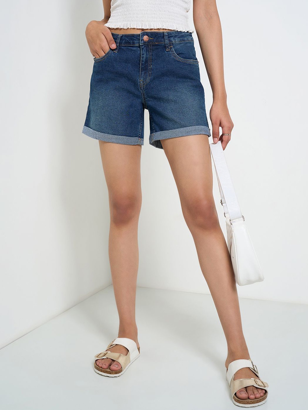 

SF JEANS by Pantaloons Women Skinny Fit High-Rise Denim Shorts, Blue