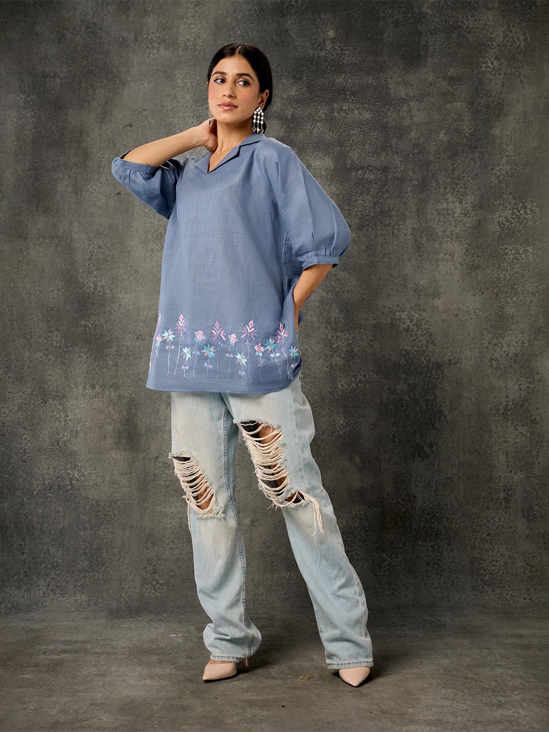 

Phulkari Forever Embellished Embroidered Extended Sleeves Linen Top, Blue