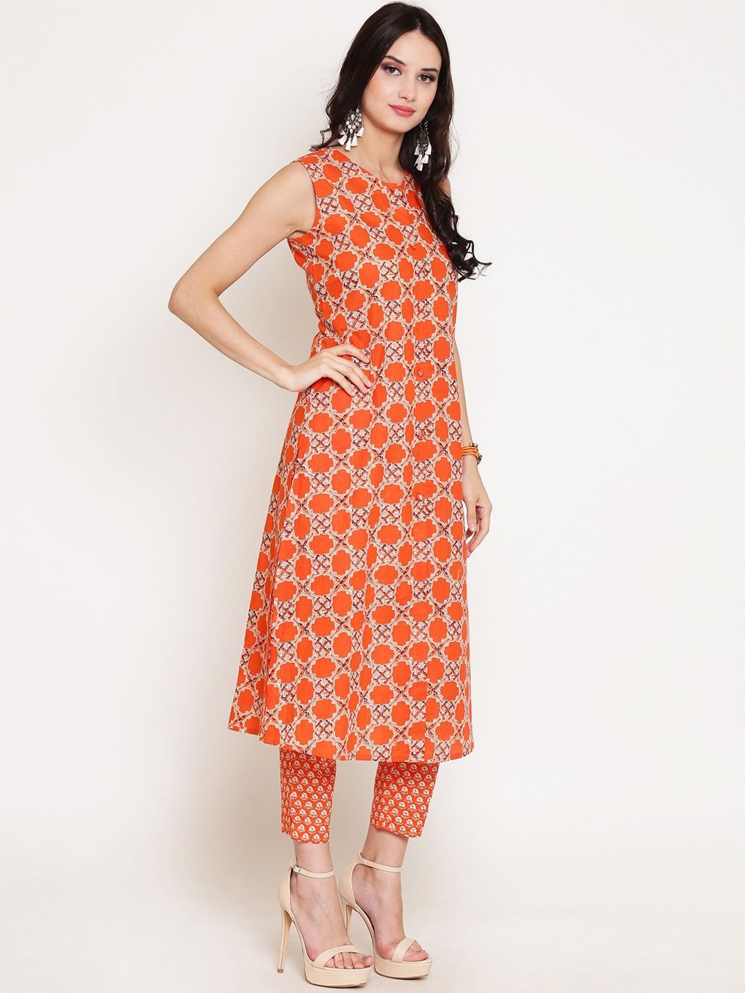 

Sera Women Floral Printed High Slit Pure Cotton Kurta with Palazzos, Orange