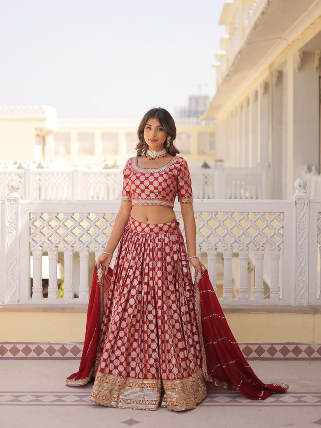 

ZIBLON Printed Sequinned Ready to Wear Lehenga & Unstitched Blouse With Dupatta, Red