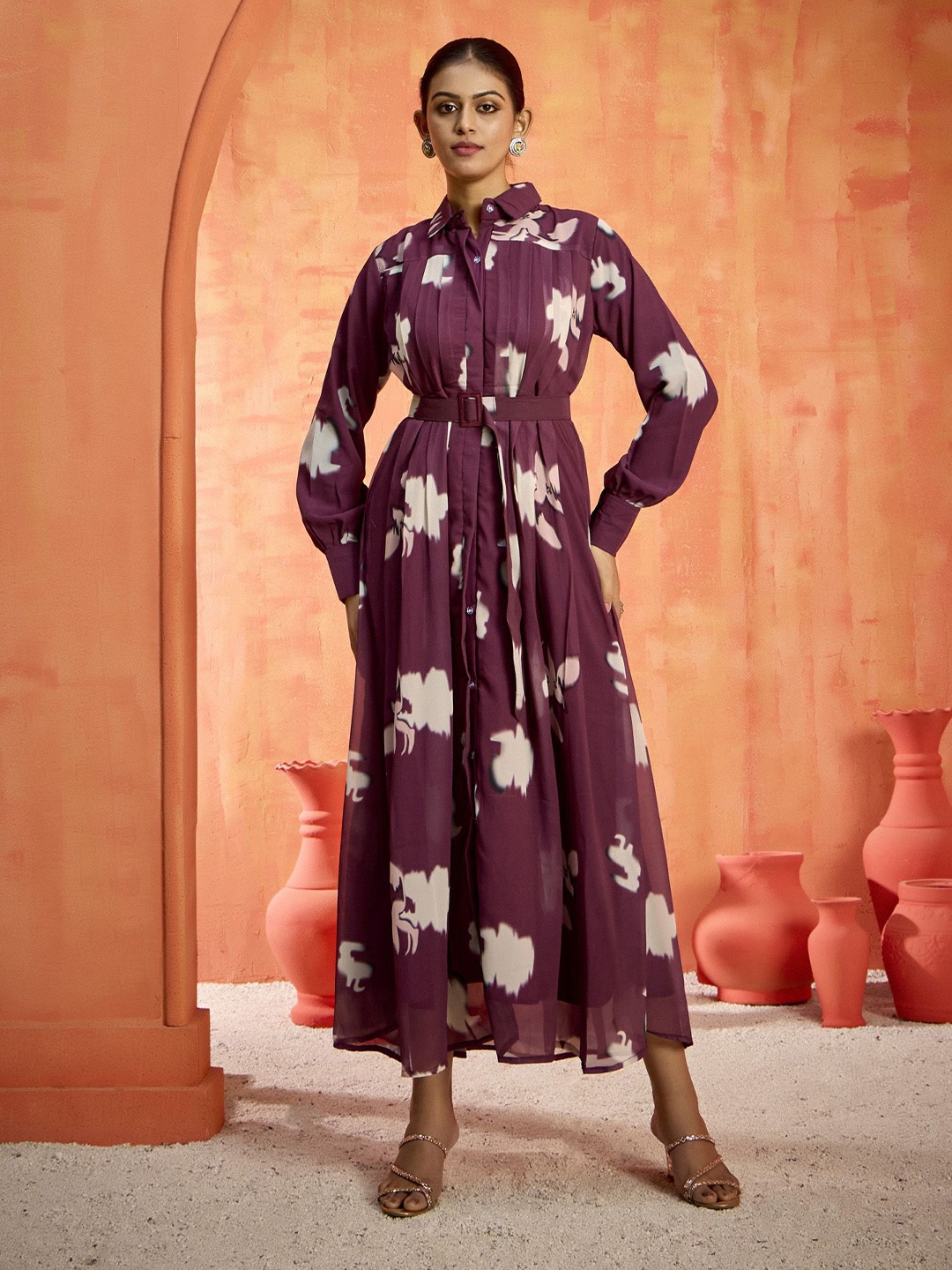 

SARINKU Floral Georgette Fit & Flare Maxi Dress, Brown
