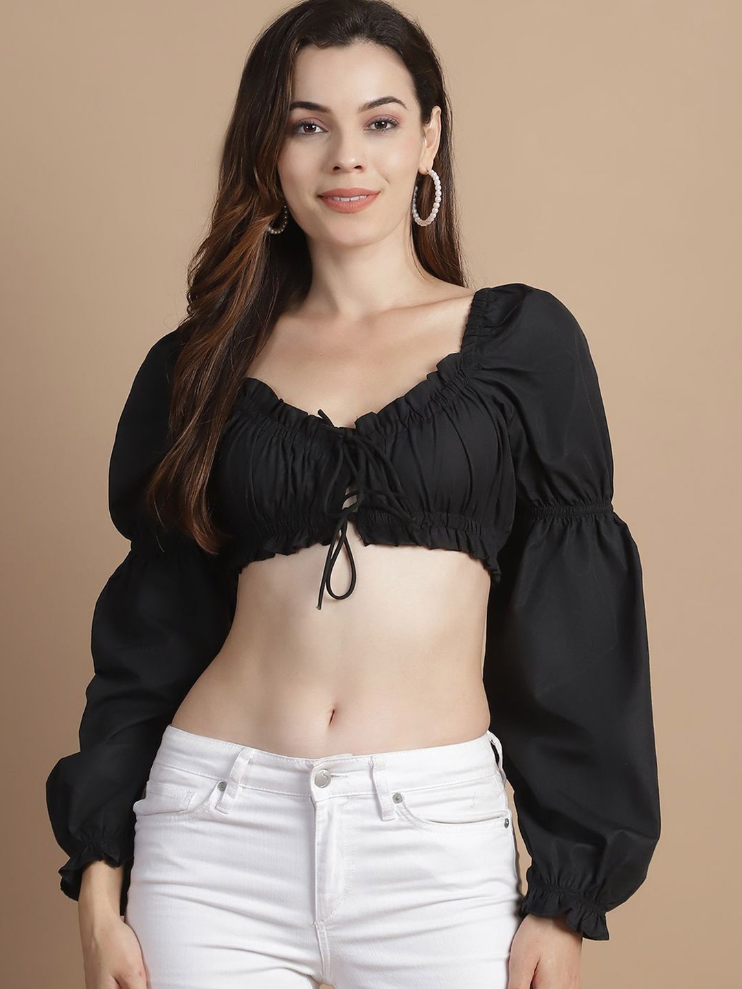 

GRACIT Bell Sleeve Cotton Blouson Crop Top, Black