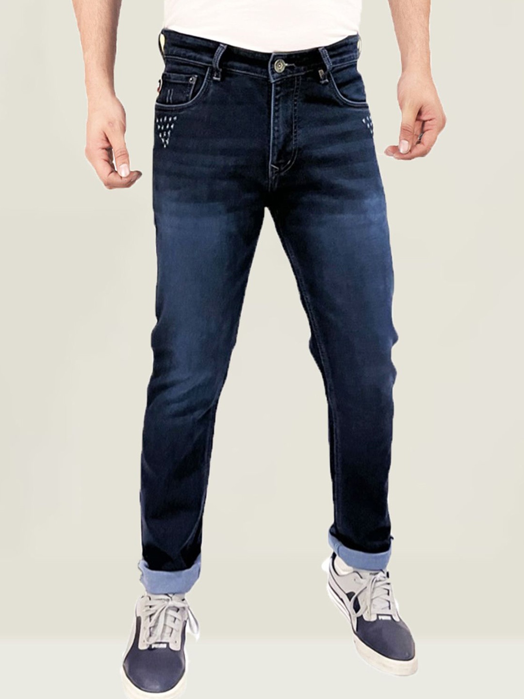 

fineblu Men Low Distress Heavy Fade Stretchable Jeans, Navy blue