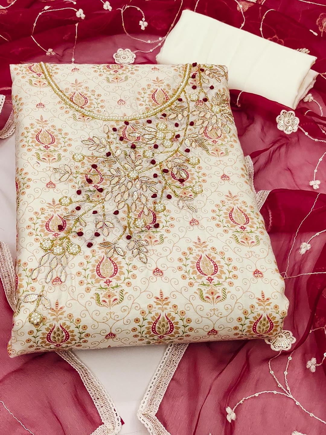 

SHADOW & SAINING Embellished Semi-Stitched Dress Material, Off white