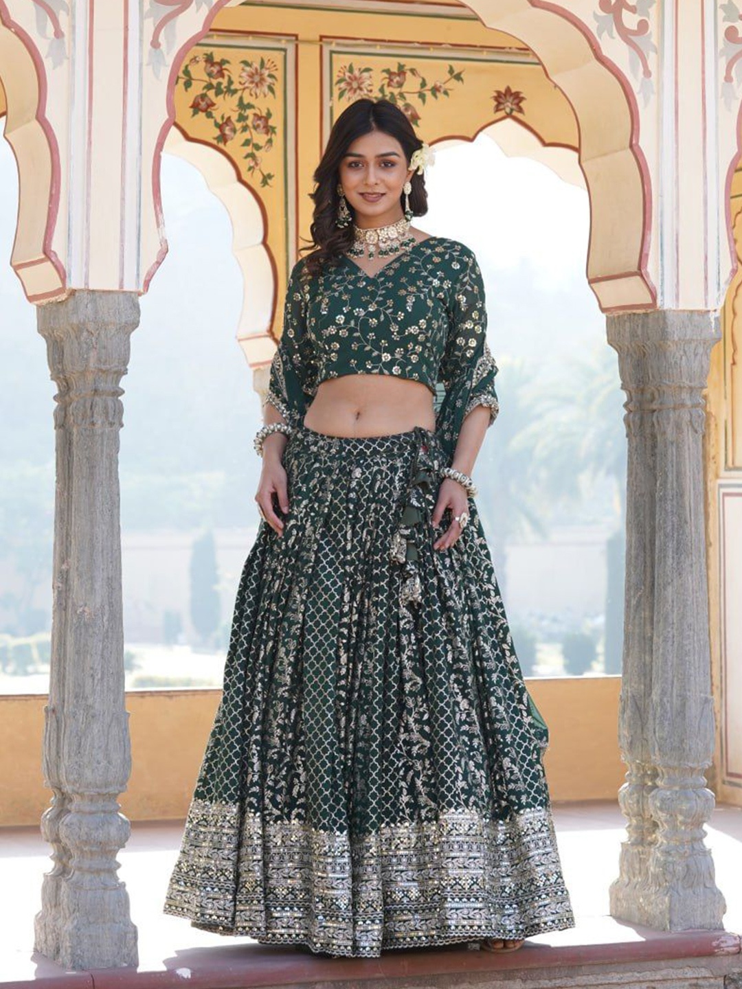 

ZIBLON Ready to Wear Lehenga & Unstitched Blouse With Dupatta, Green