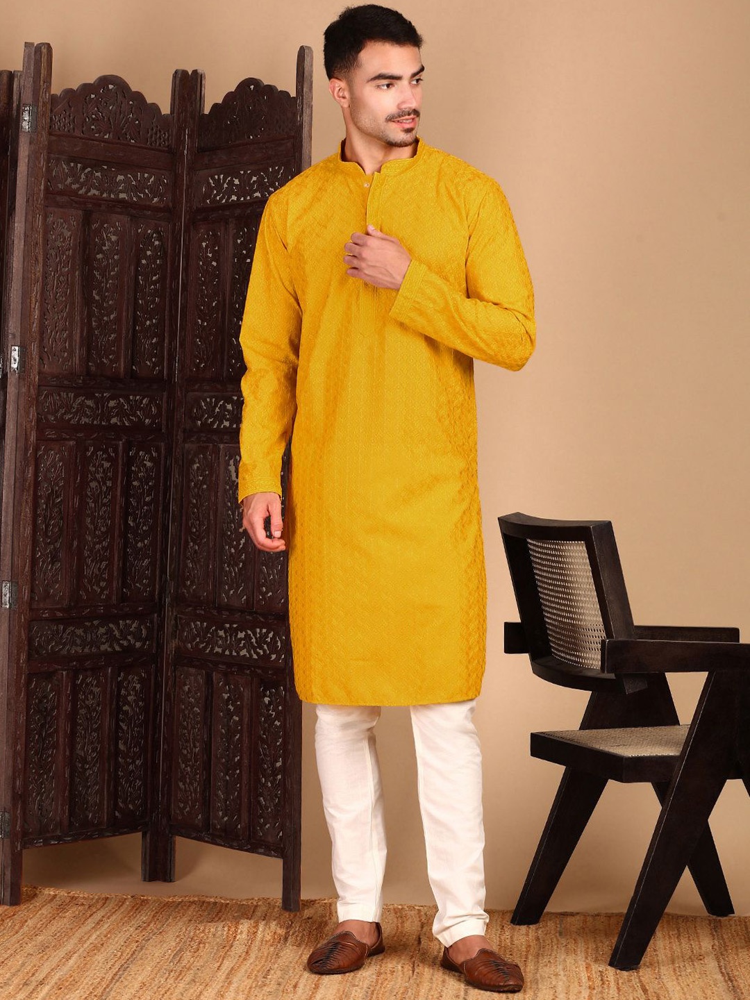 

House of Pataudi Chikankari Staright Kurta, Mustard