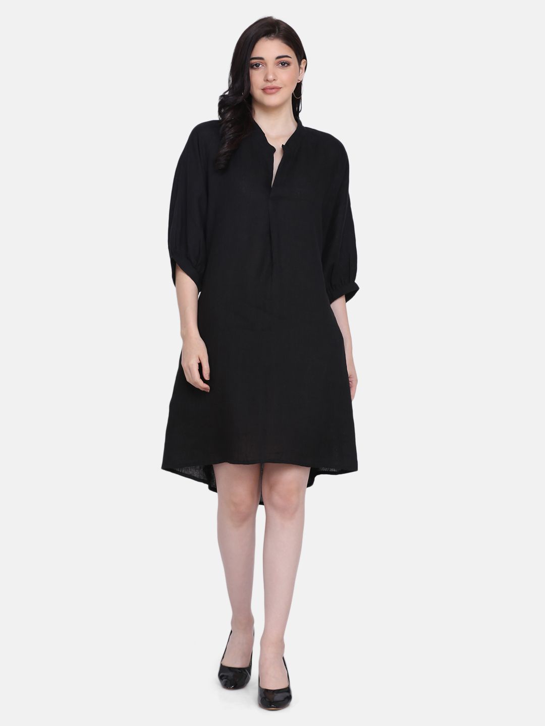 

ECO LEAS BY SHIPRA Puff Sleeve Linen A-Line Dress, Black