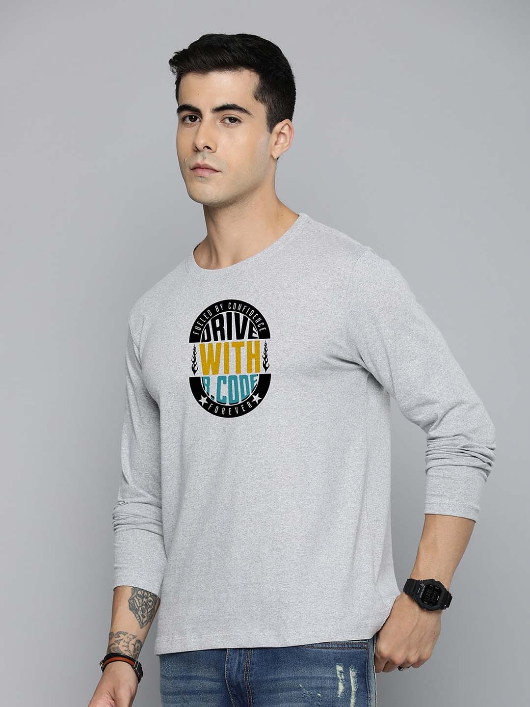

R.Code by The Roadster Life Co. Men Printed T-shirt, Grey melange