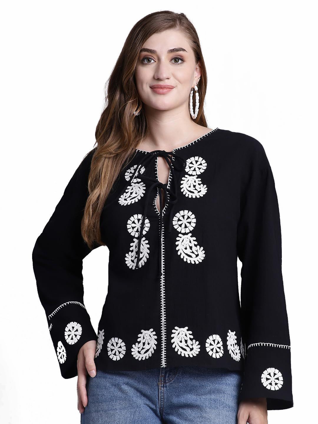 

SZN Floral Tie-Up Neck Cotton Top, Black