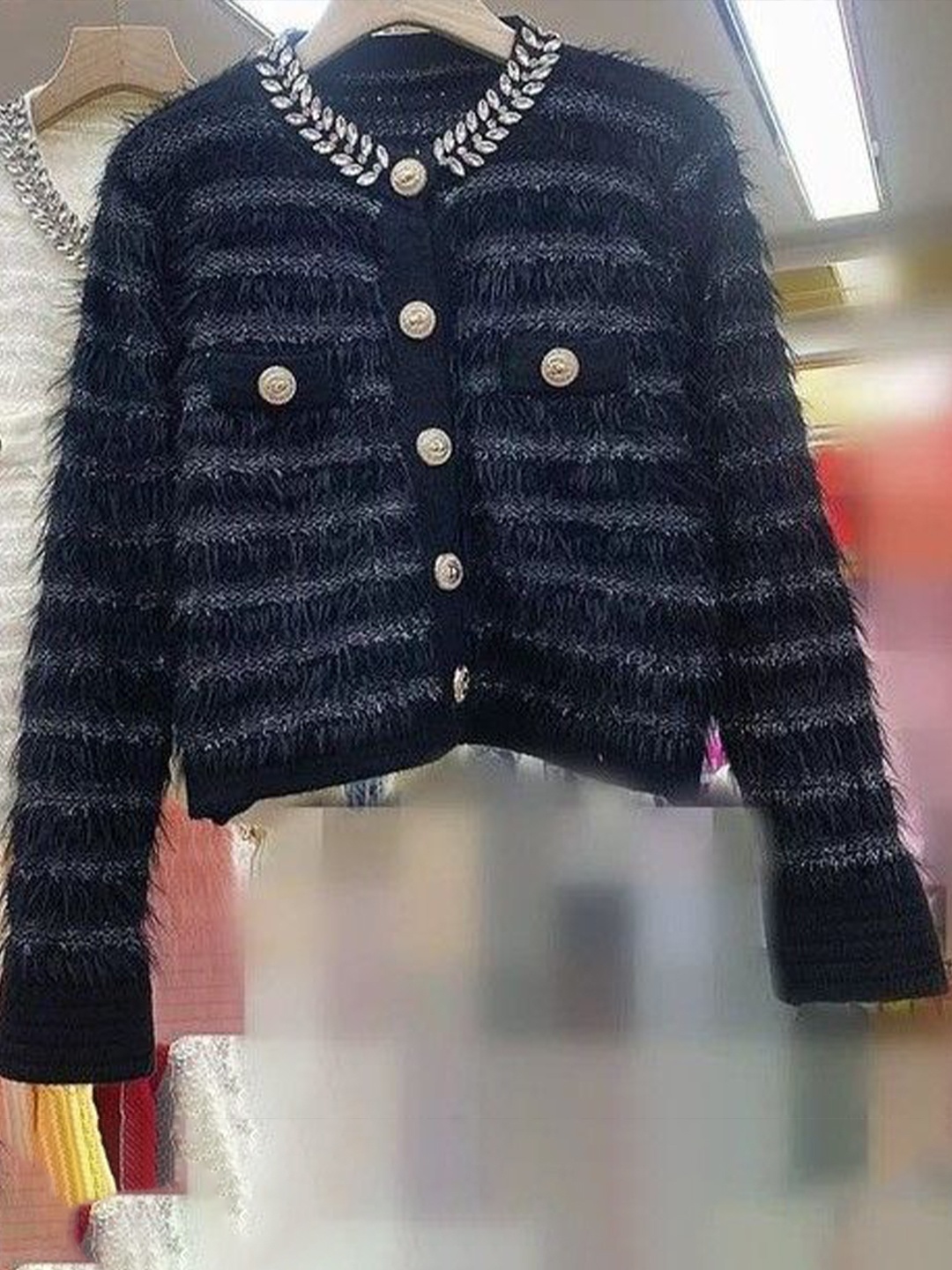 

PANKH Women Woollen Cardigan with Fuzzy Detail, Black