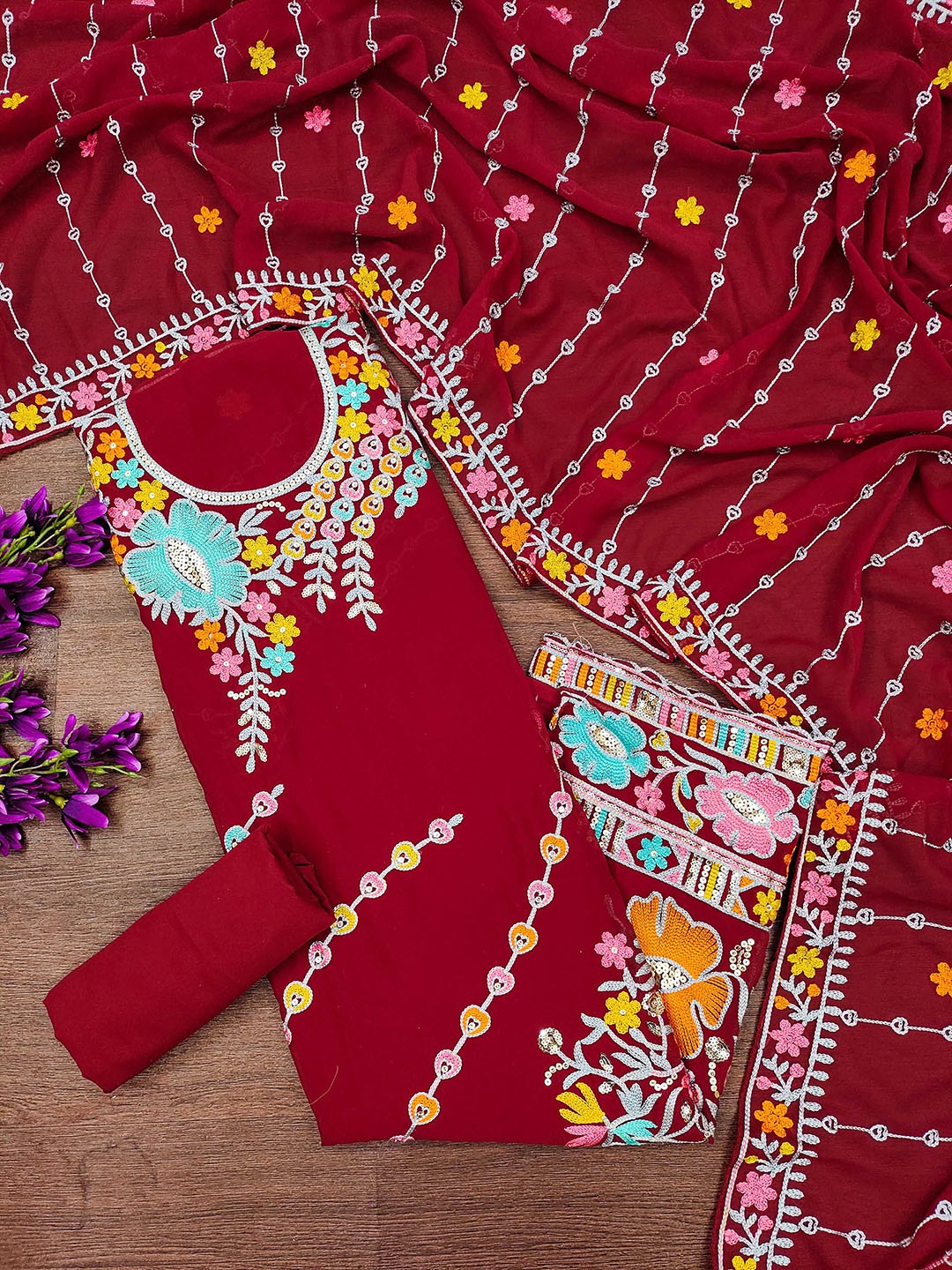 

SHADOW & SAINING Embroidered Silk Georgette Unstitched Dress Material, Red