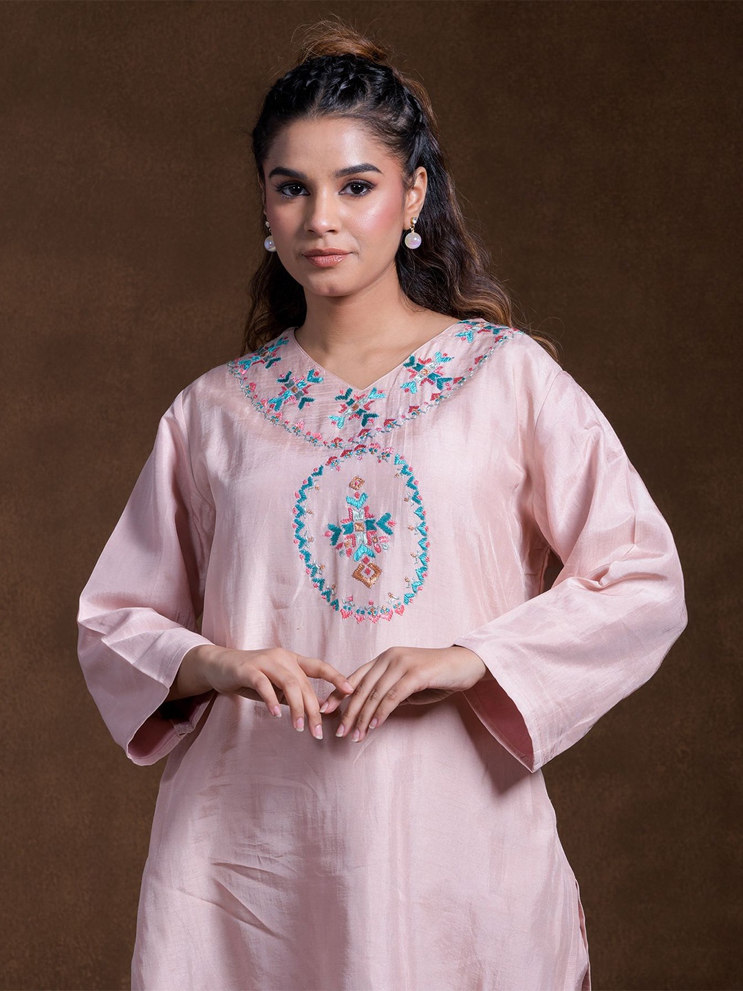 

Phulkari Forever Embellished Embroidered Flared Sleeve Pure Silk Top, Pink