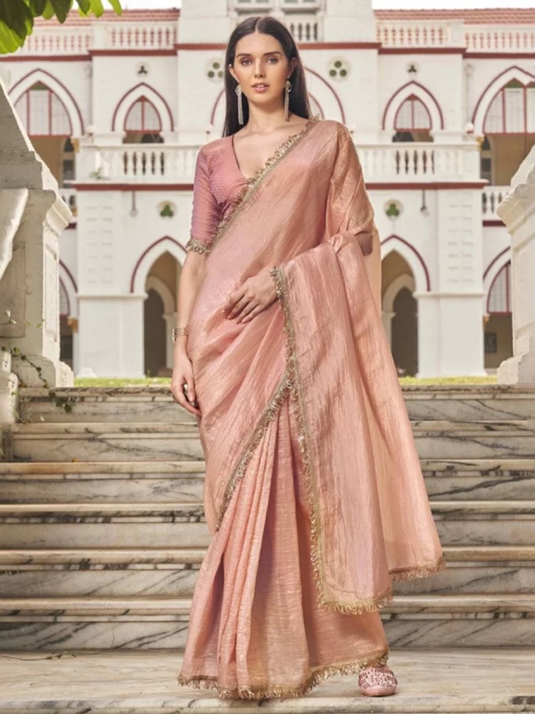 

DIVASTRI Ethnic Motifs Patchwork Tissue Designer Banarasi Saree, Peach