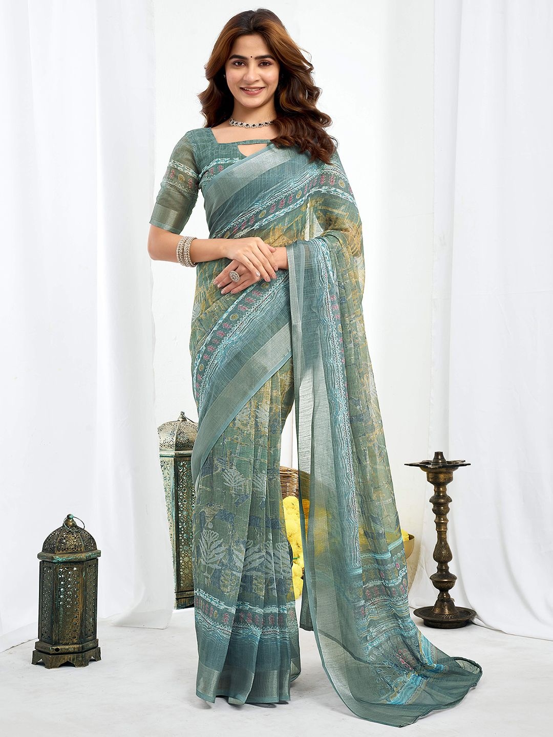 

all about you Pure Linen Ready to Wear Saree, Blue