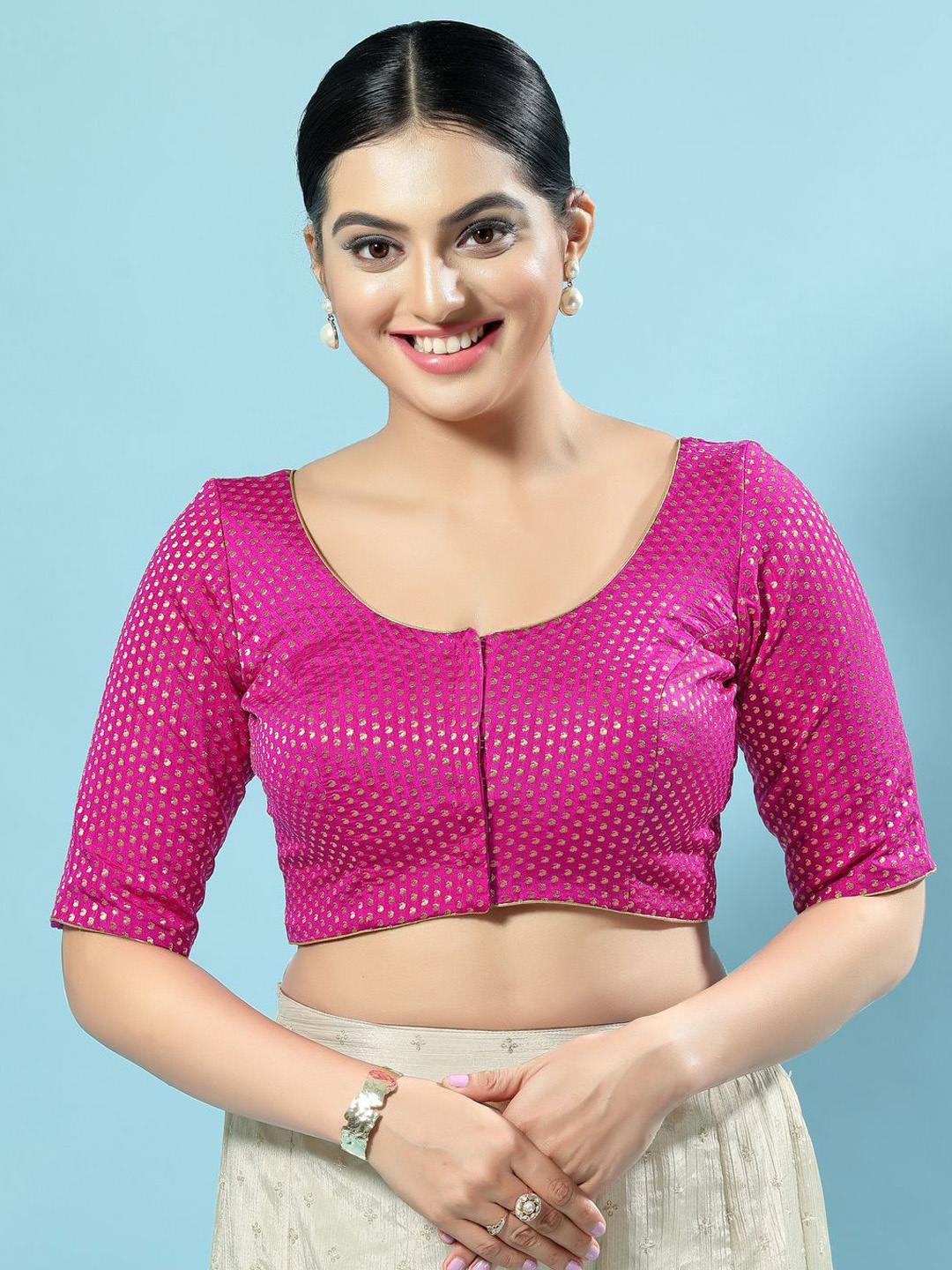 

VAMAS - THE DESIGNER BLOUSES Woven Design Non Padded Round Neck Saree Blouse, Pink
