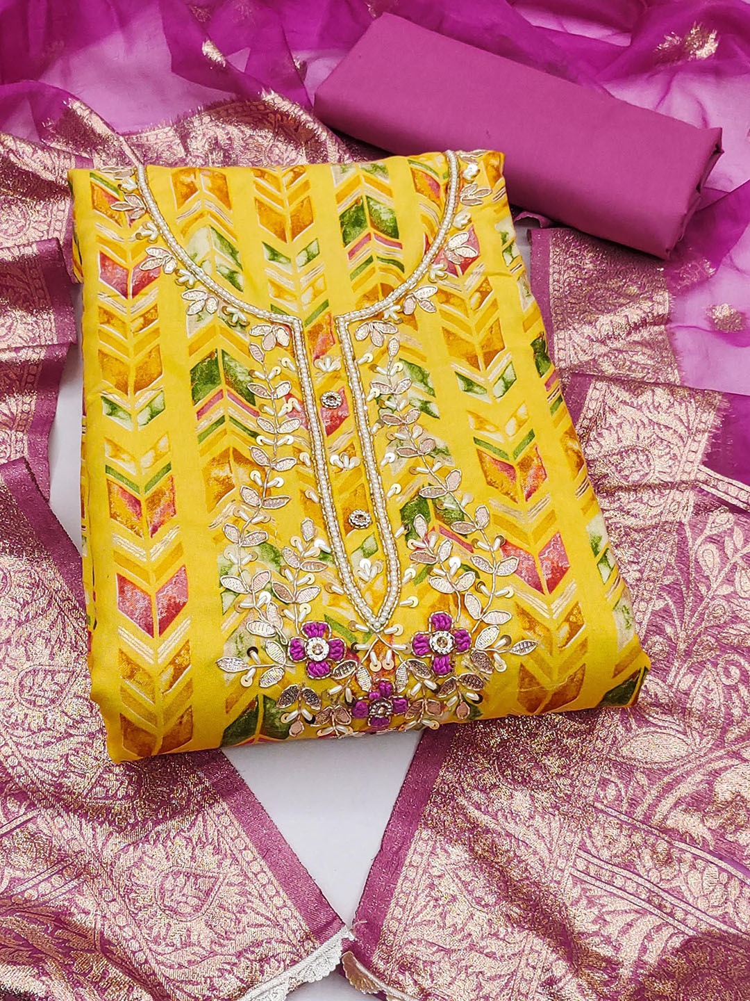 

SHADOW & SAINING Embellished Semi-Stitched Dress Material, Yellow