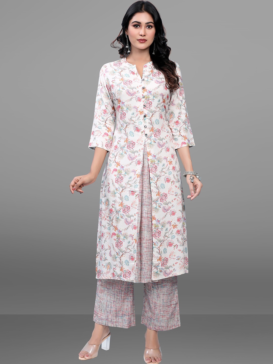 

BABRU Women Floral Printed Regular Liva Kurti with Palazzos, Off white