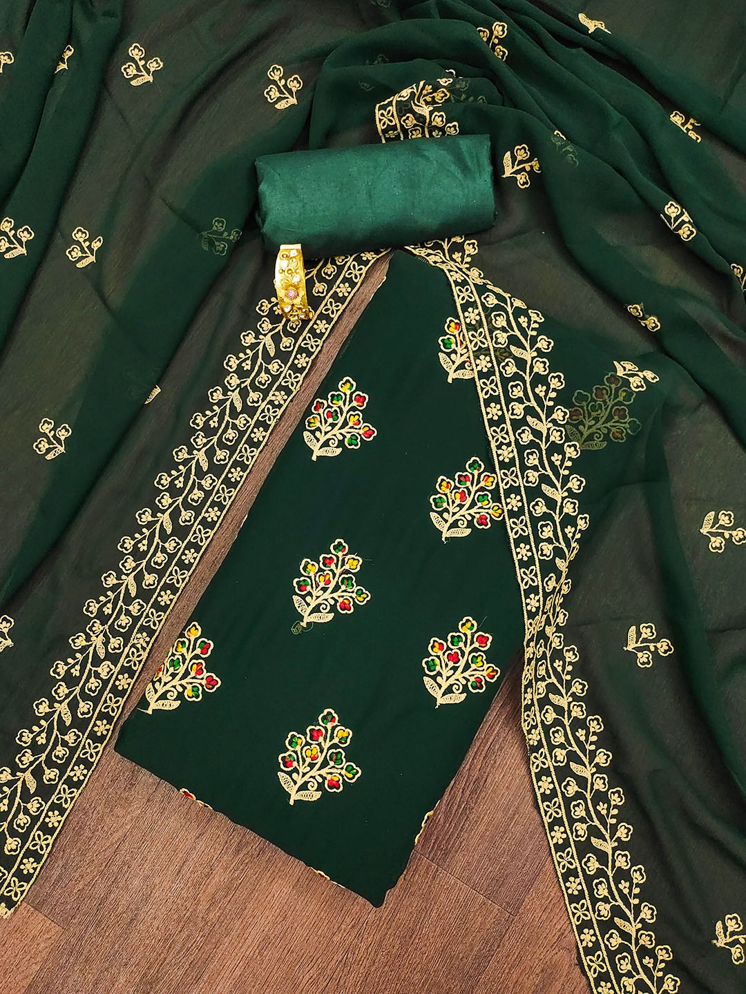 

SHADOW & SAINING Embroidered Silk Georgette Unstitched Dress Material, Green