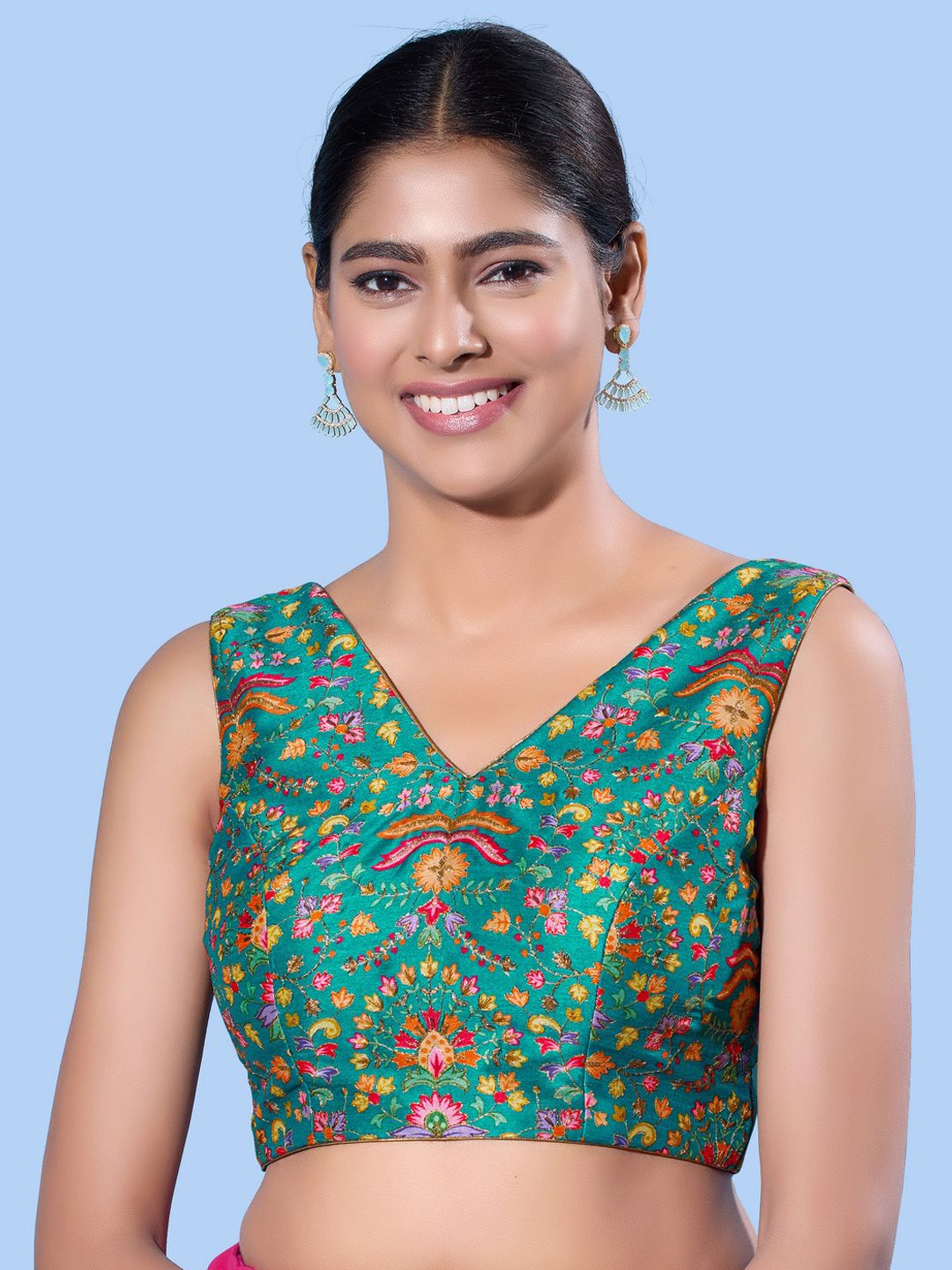 

VAMAS - THE DESIGNER BLOUSES Women V-Neck Padded Saree Blouse, Blue