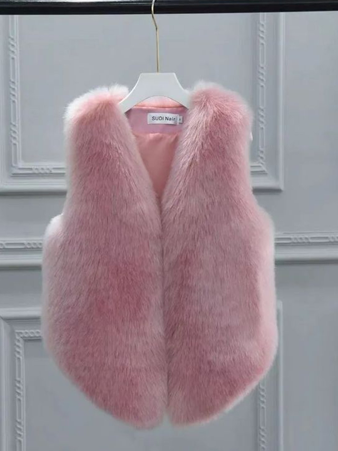 

PANKH Wool Front-Open Crop Fur Coat, Pink