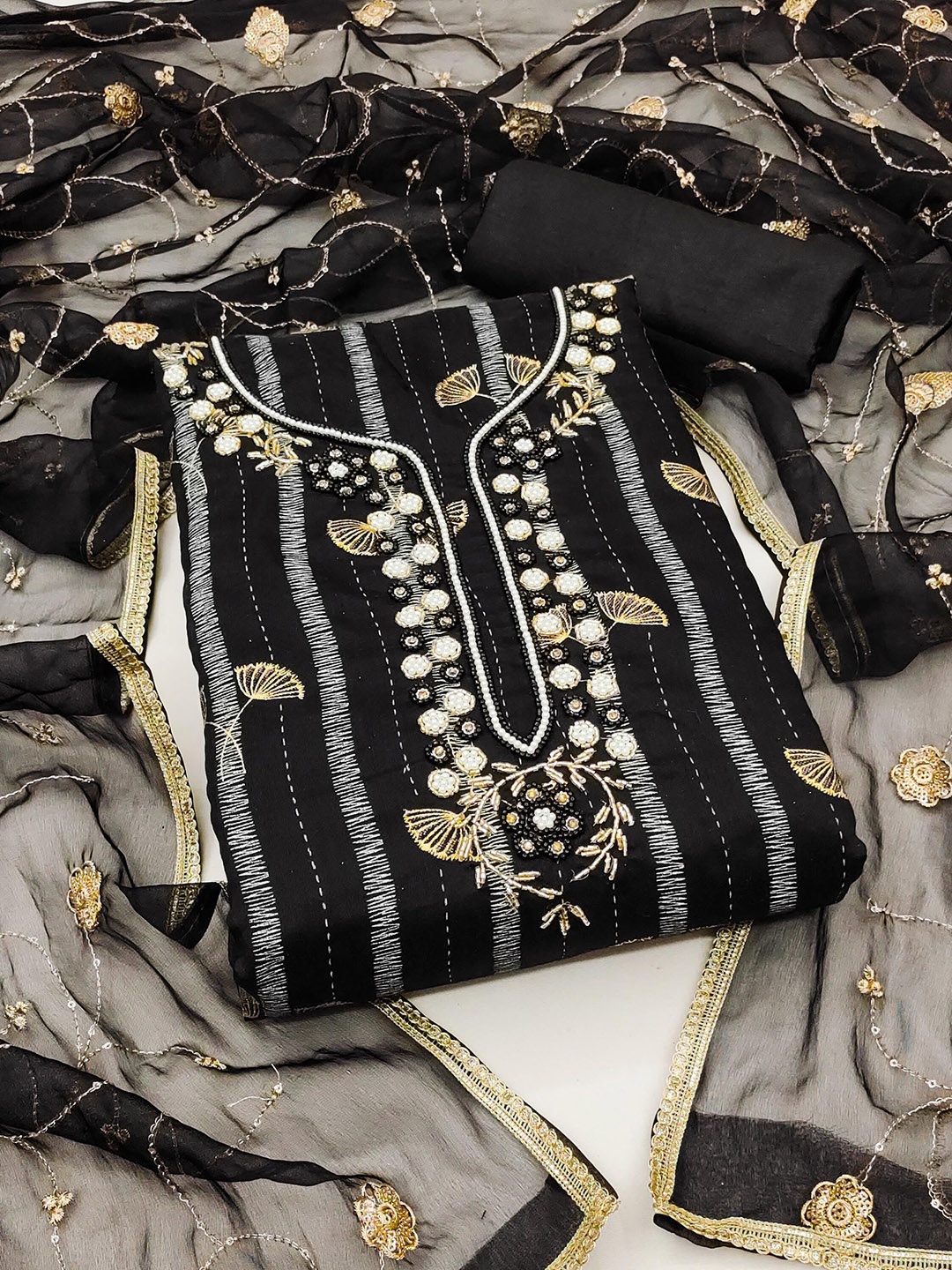 

SHADOW & SAINING Semi-Stitched Dress Material, Black
