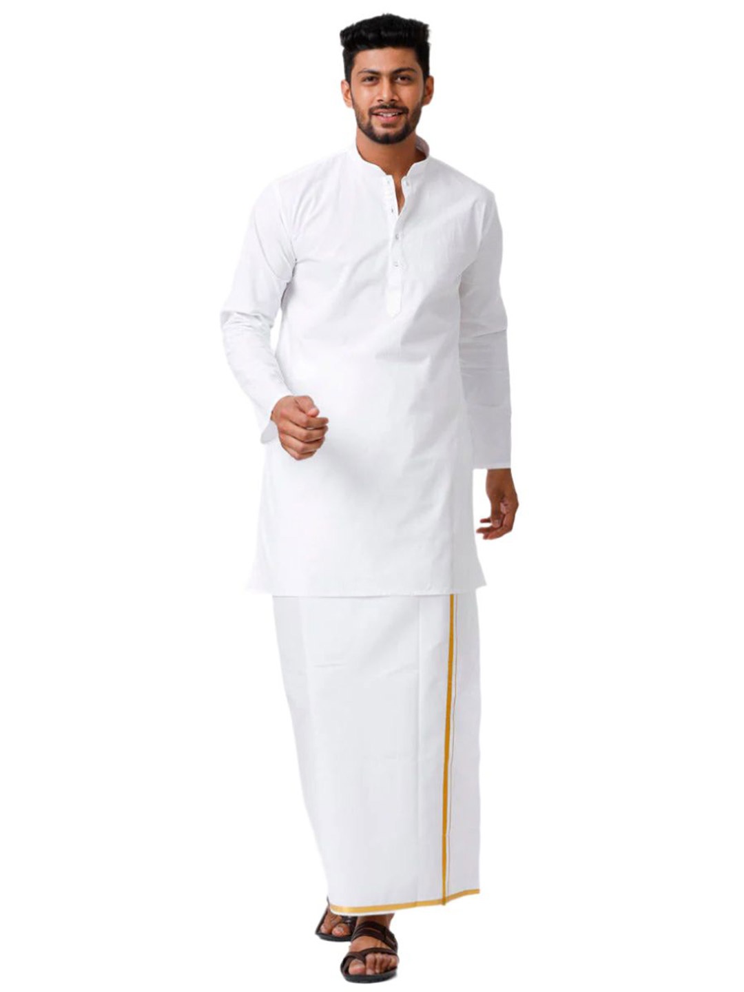 

RAMRAJ COTTON Men White Medium 1/2" inch Gold Zari Border Kurta and Dhoti Combo