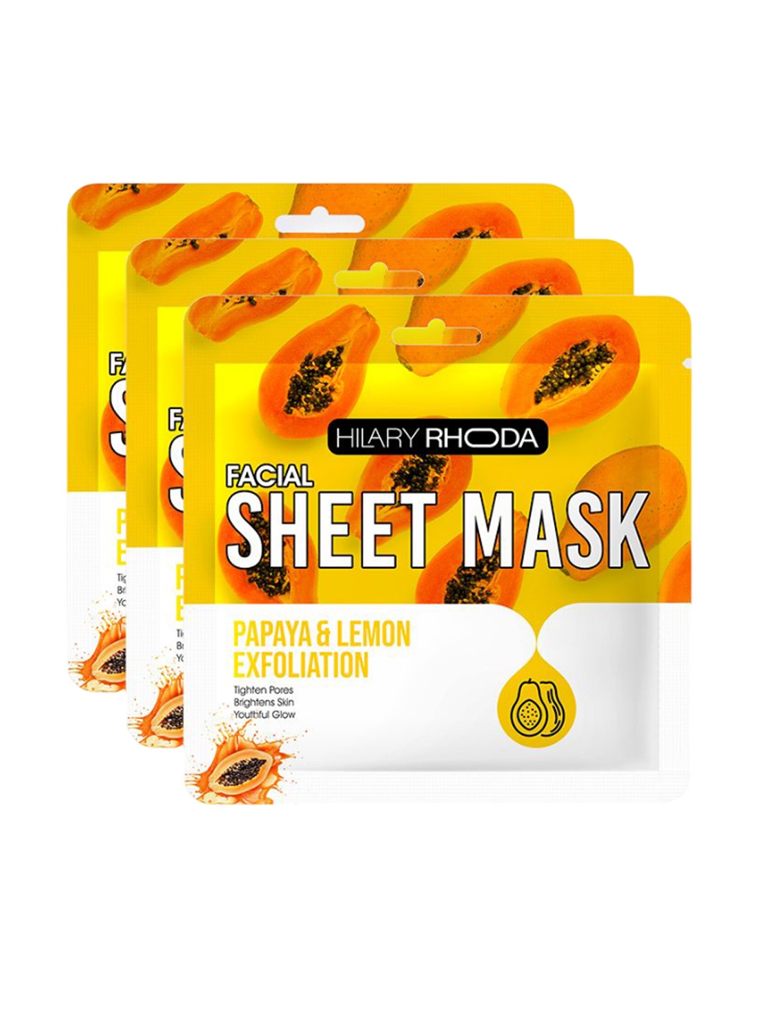 

Hilary Rhoda Set Of 3 Papaya & Lemon Exfoliation Sheet Mask- 20 g Each, Yellow