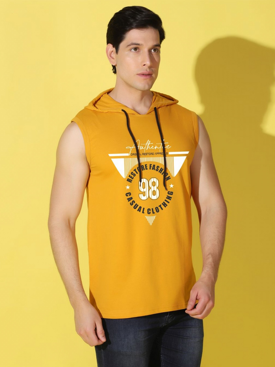 

WOOSTRO Men Typography Printed Hooded Slim Fit T-shirt, Mustard