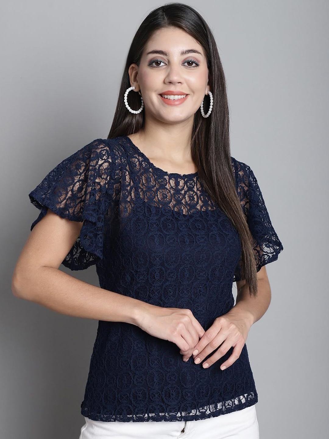 

SZN Flared Sleeve Cotton Top, Navy blue