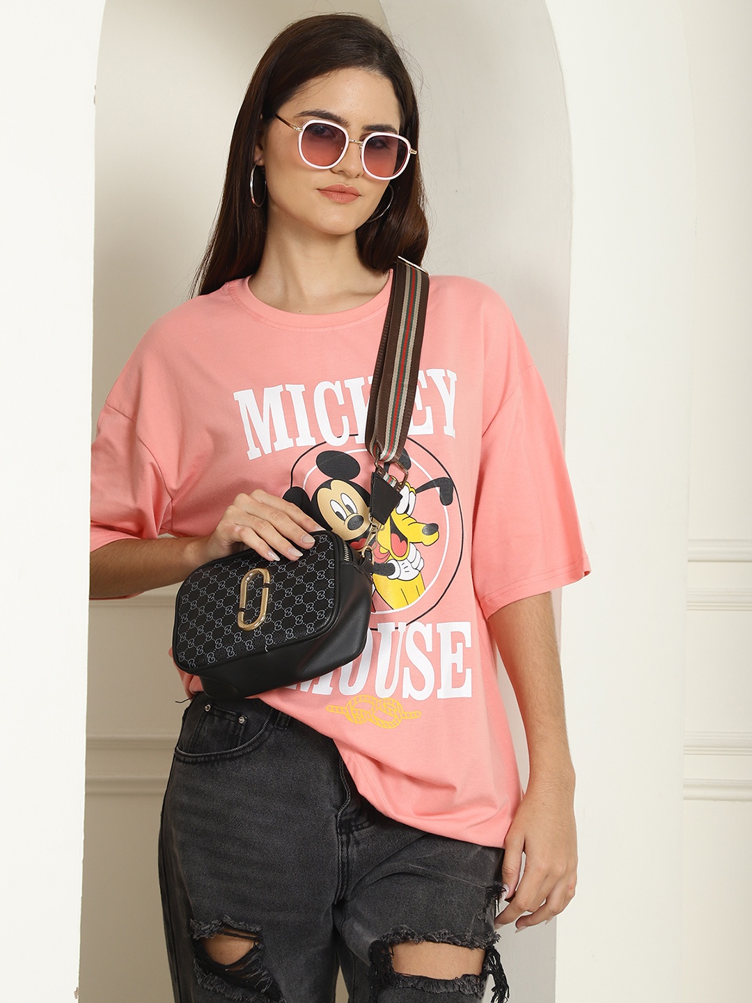 

Dreambe Women Printed Drop-Shoulder Sleeves Applique T-shirt, Peach