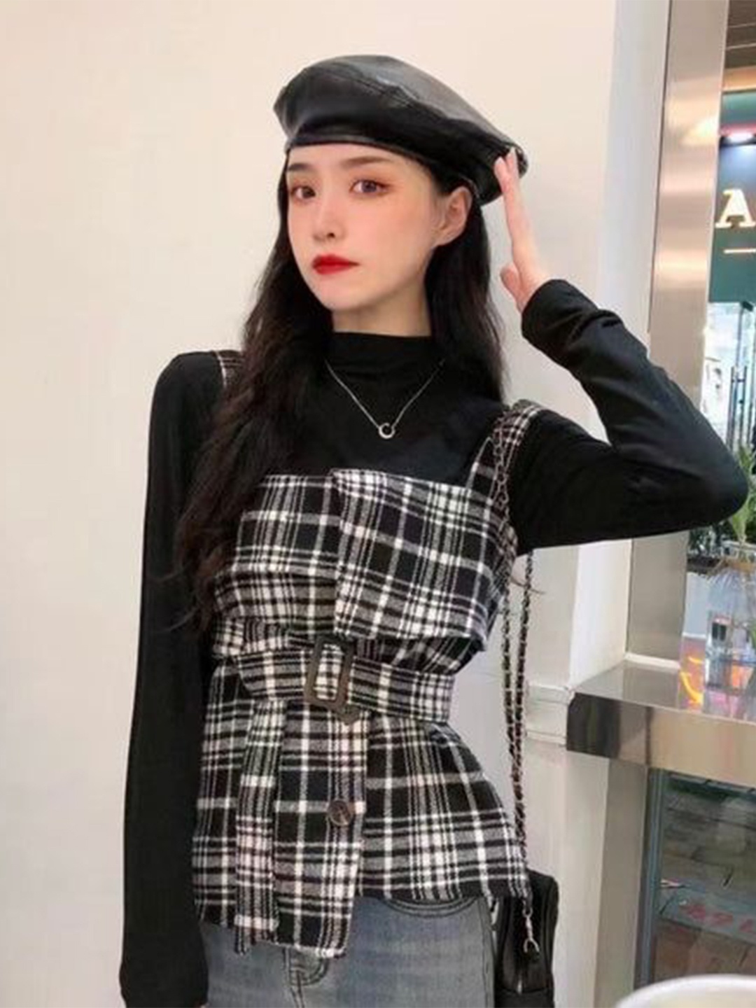 

PANKH Woollen Checked Hight Neck Jacket & Top Set, Black