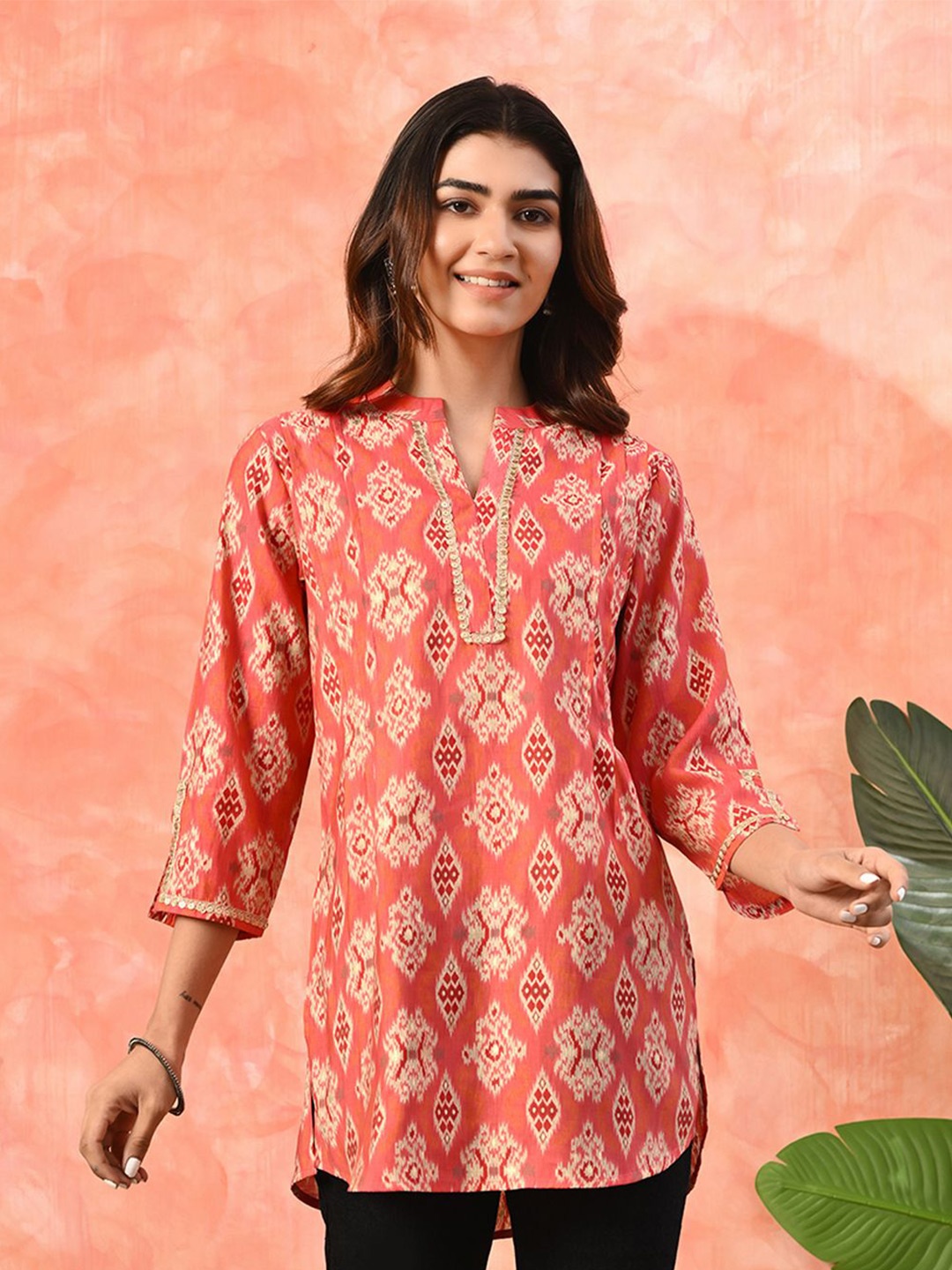 

Sangria Printed Mandarin Collar Tunic, Orange