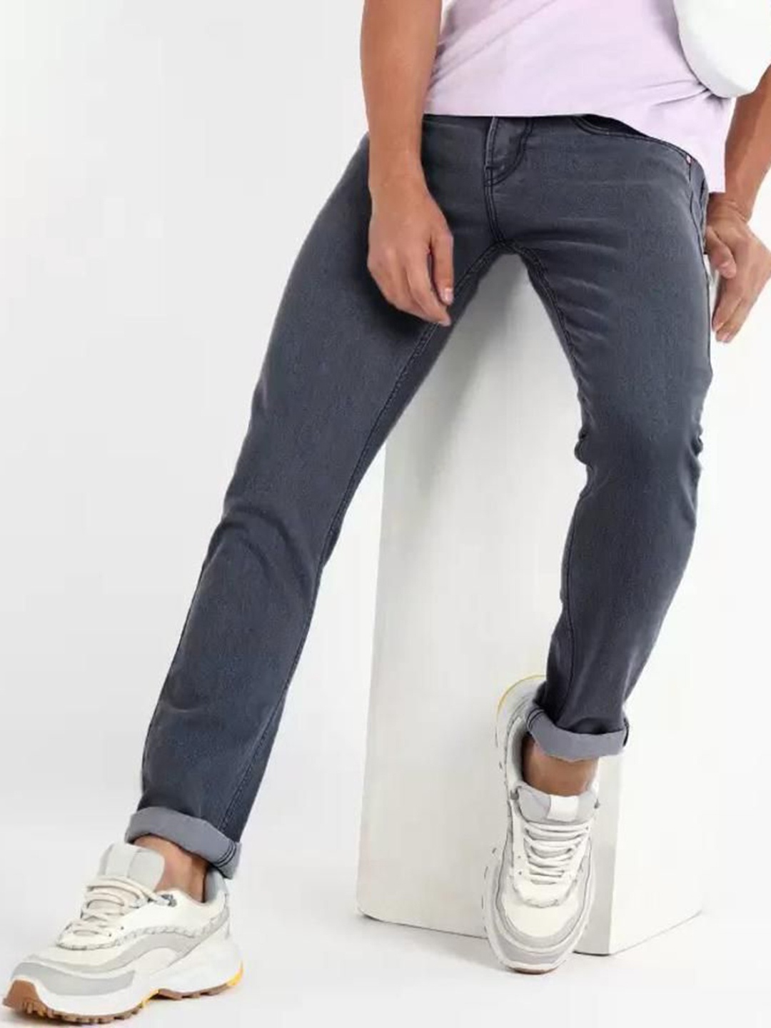 

fineblu Men Slim Fit Low Distress Stretchable Jeans, Grey