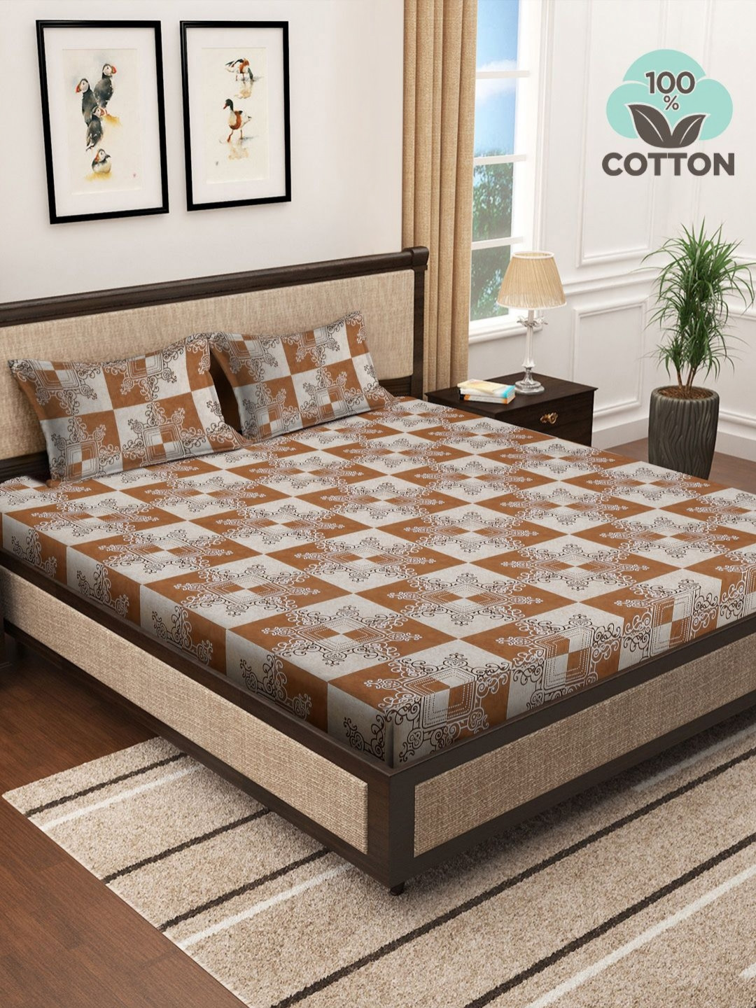 

Myntra Elegant Homes Brown & Grey Geometric 400 TC King Bedsheet with 2 Pillow Covers