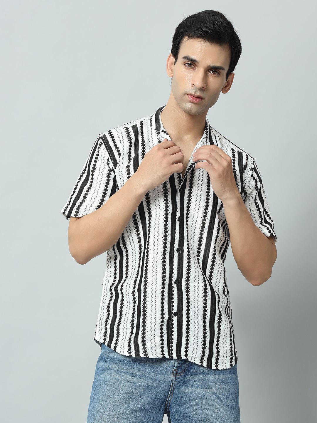 

ELIXORIA Men Classic Semi Sheer Striped Casual Shirt, Black