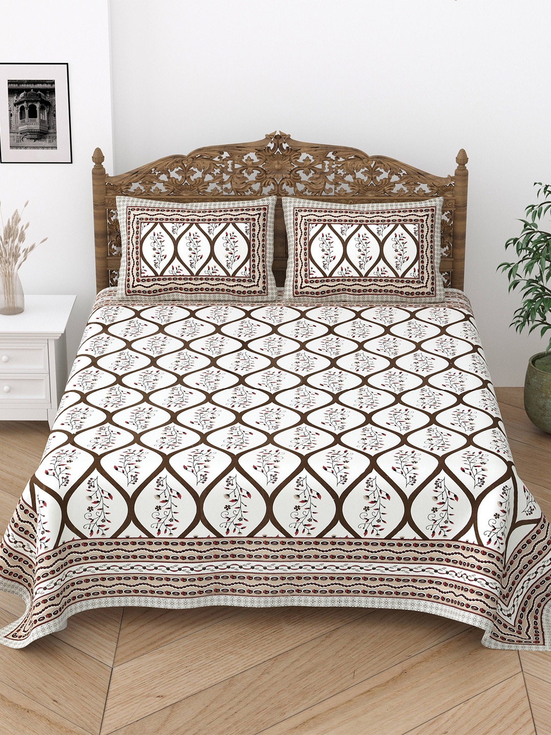 

Gulaab Jaipur Brown & White Floral 400 TC King Bedsheet with 2 Pillow Covers