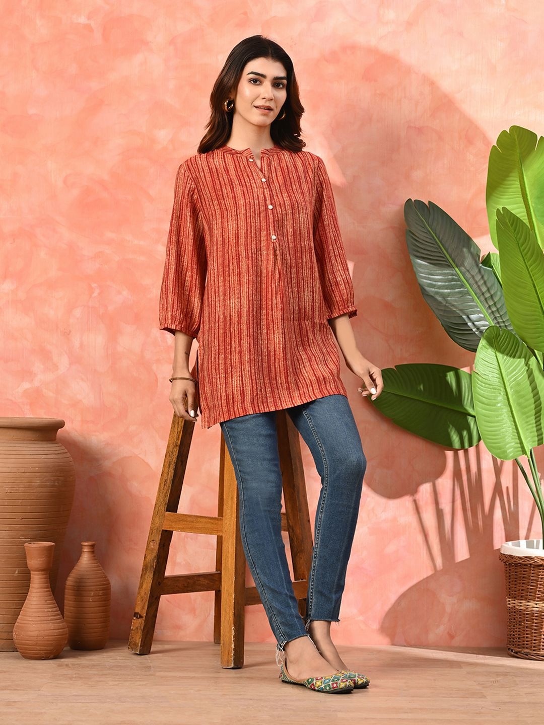 

Sangria Printed V-Neck Tunic, Rust