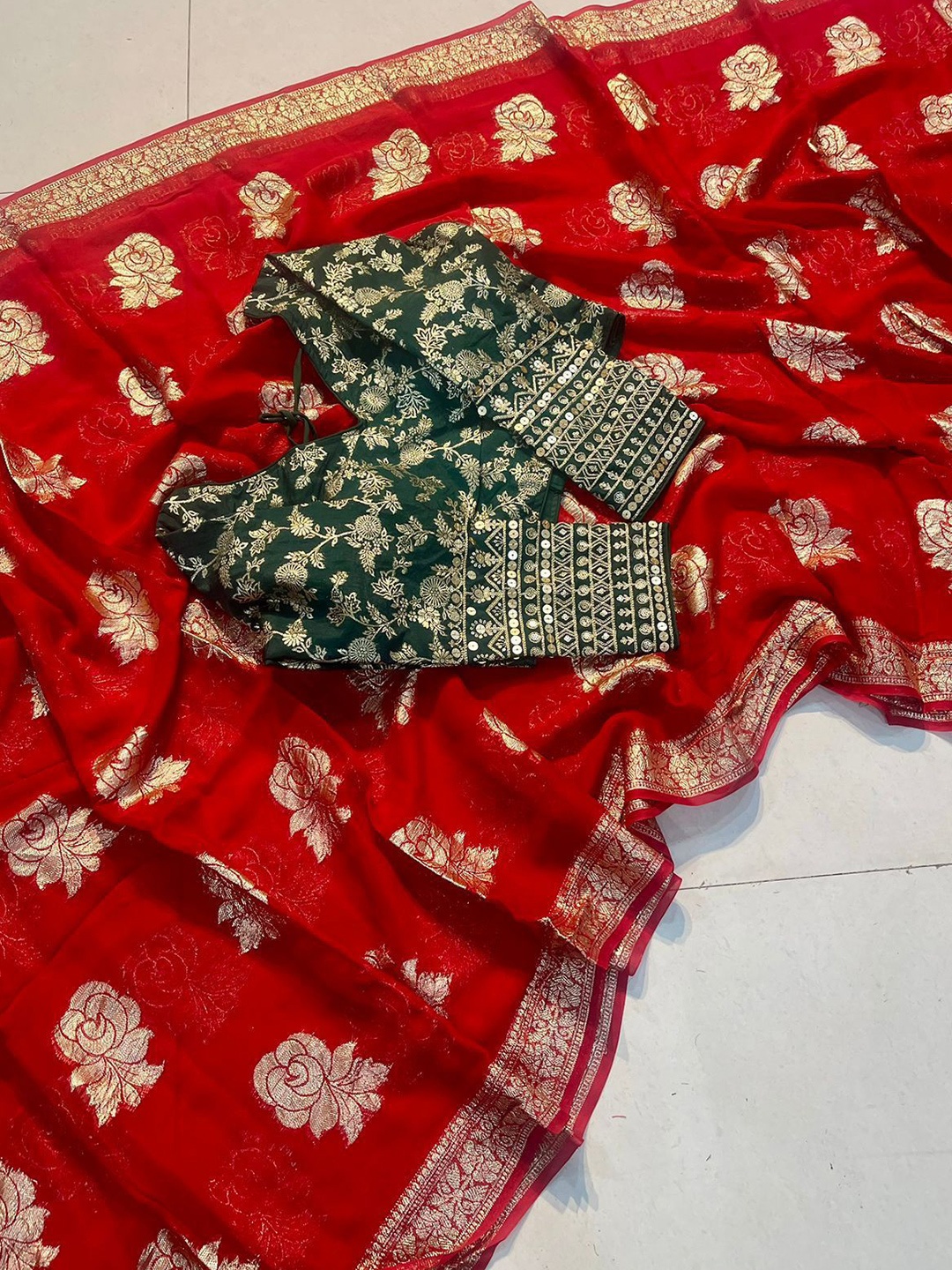 

PAYAL CREATION Floral Embroidered Pure Georgette Designer Saree, Red