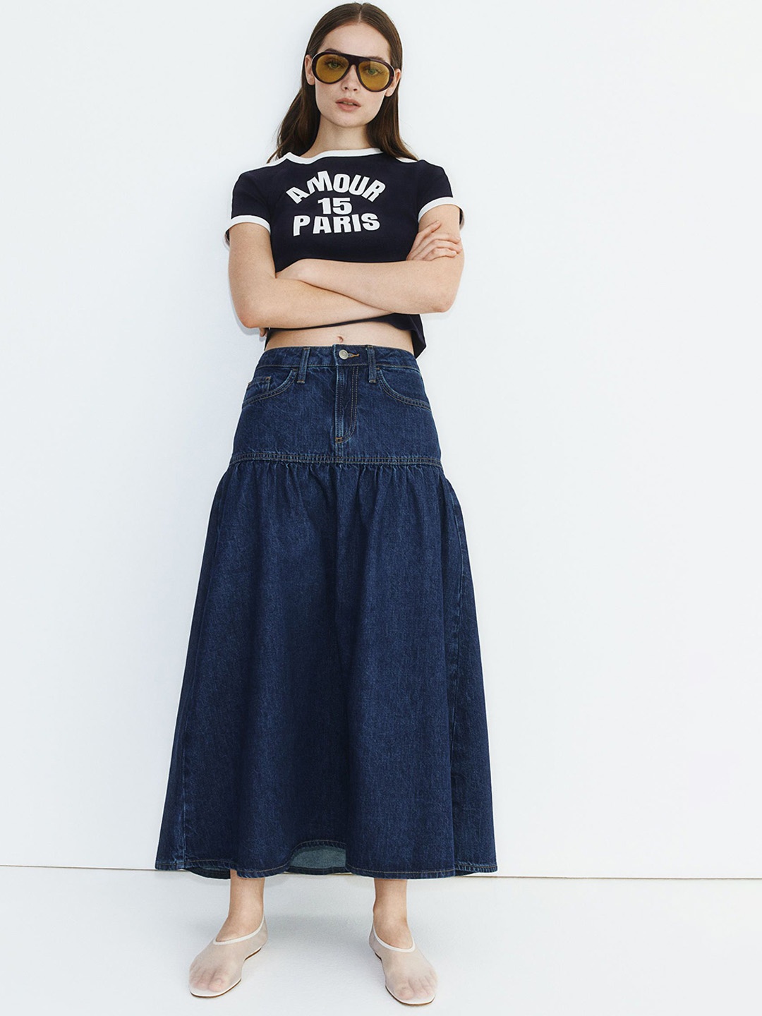 

H&M Flared-Hem Denim Skirt, Blue