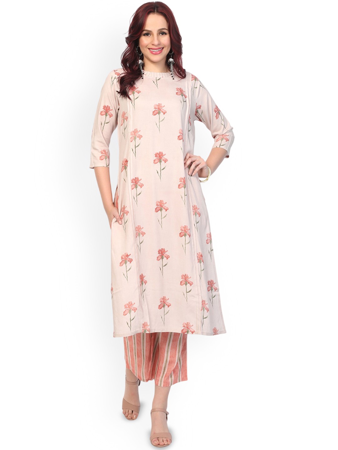 

BABRU Women Floral Printed Regular Liva Kurti with Trousers, Nude