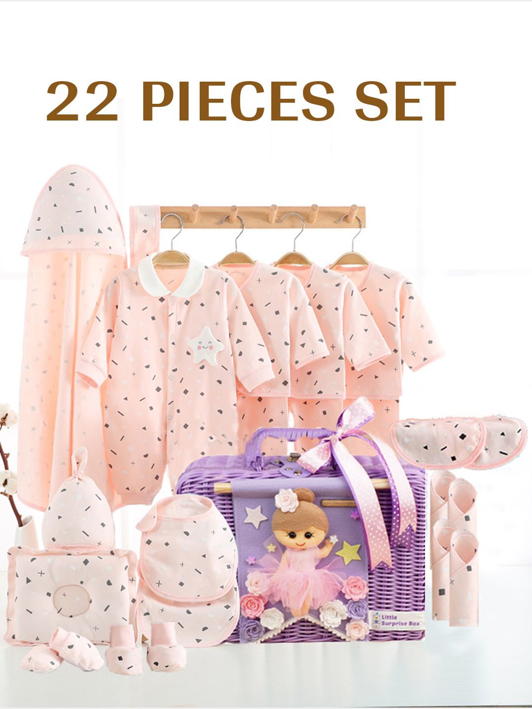 

Little Surprise Box LLP Infants 22-Pcs Twinkle Star Newborn Baby Girl/Baby Boy Gift Hamper, Pink