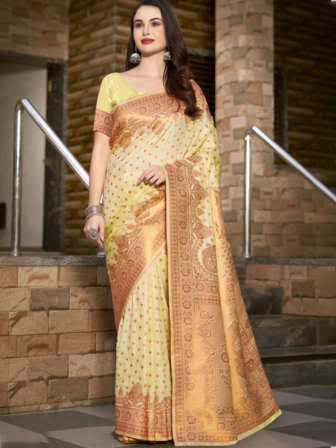 

SANGAM PRINTS Floral Zari Silk Blend Tussar Saree, Yellow