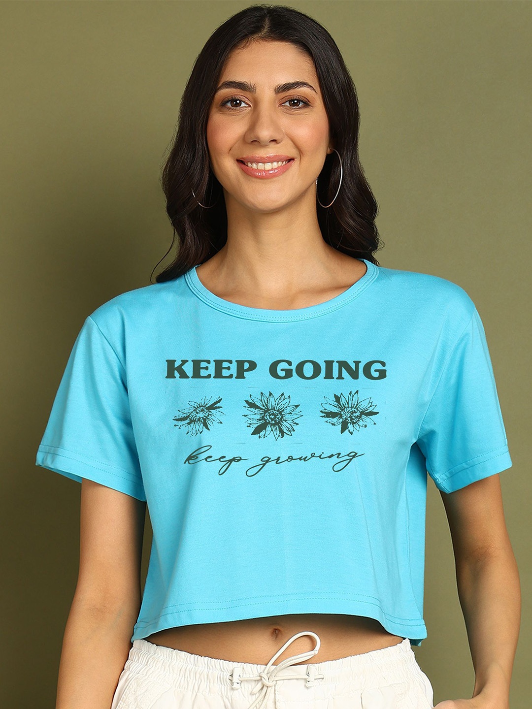 

Moda Rapido Women Printed Drop-Shoulder Sleeves Bio Finish Raw Edge T-shirt, Turquoise blue